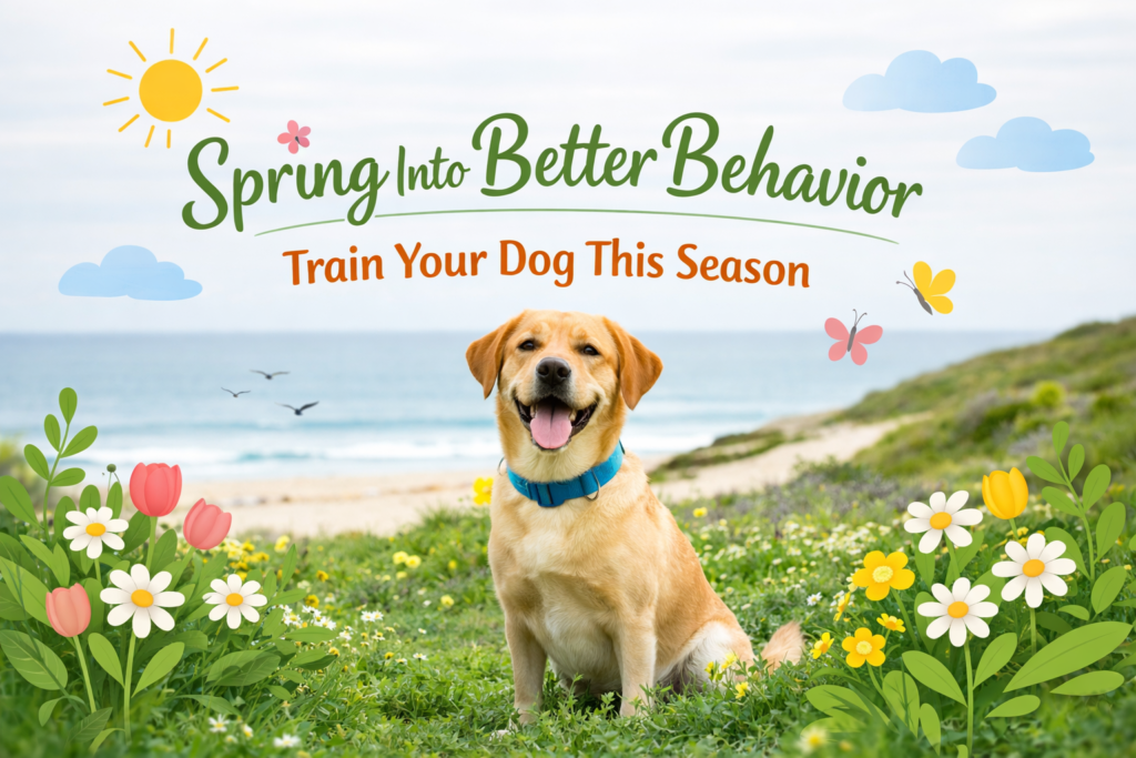 Golden Labrador sitting in a spring field with flowers near the beach, representing dog training and better behavior in spring.